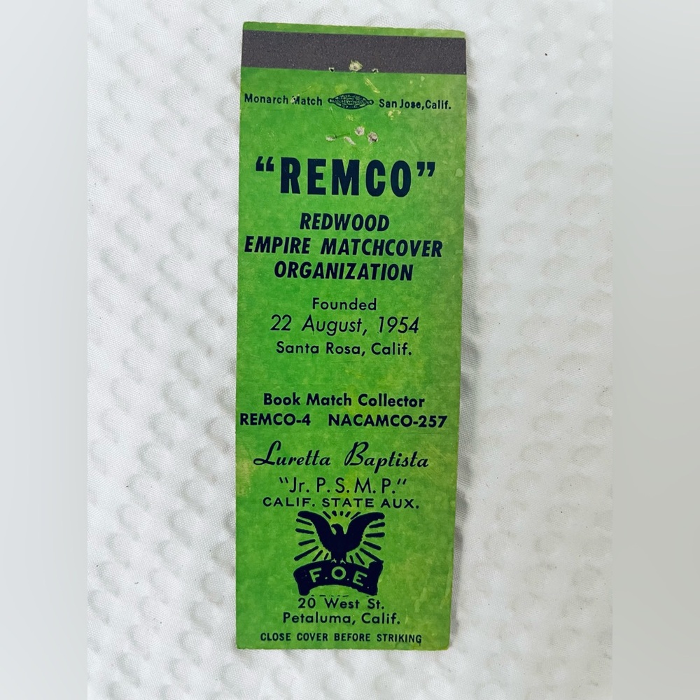 Matchbook REMCO F.O.E. Petaluma matchbox